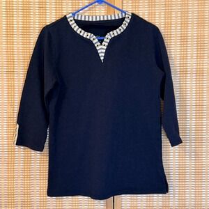 Cali‎ and York Navy Blue Grommet Split Neck 3/4 Sleeve Top Striped Trim Womens M